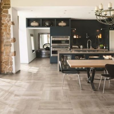 tile floors in a large bright kitchen